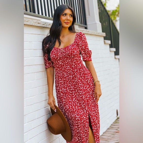 Wine Floral Print Smocked Maxi Dress - Picture 5 of 12